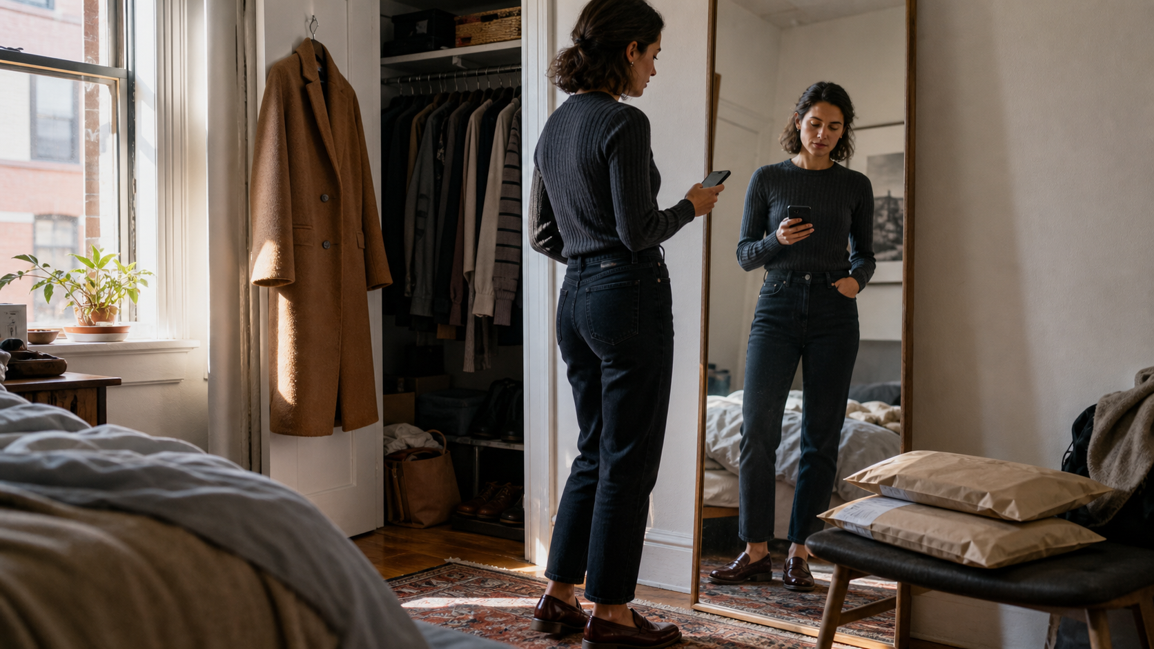 Woman comparing online fall outfits by a bedroom mirror before ordering