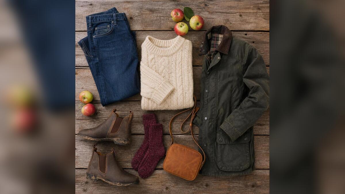 Flat lay of jeans, cream knit, olive jacket, boots, socks, bag and apples for an apple picking outfit.