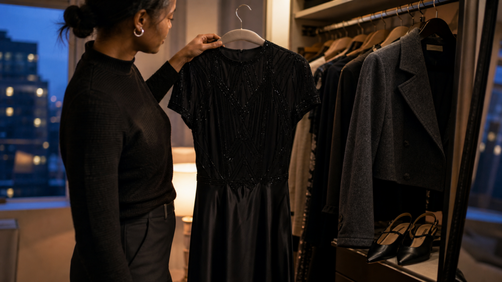 A black beaded Art Deco evening dress styled with a charcoal jacket and slingbacks in an open wardrobe.