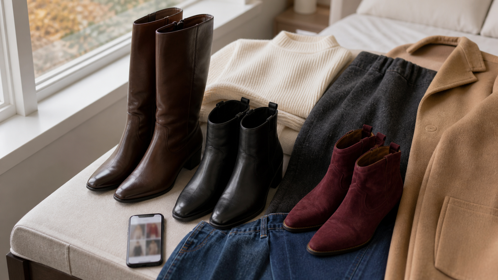 Fall boots arranged with jeans, knitwear, a coat and a phone preview on a bedroom bench.