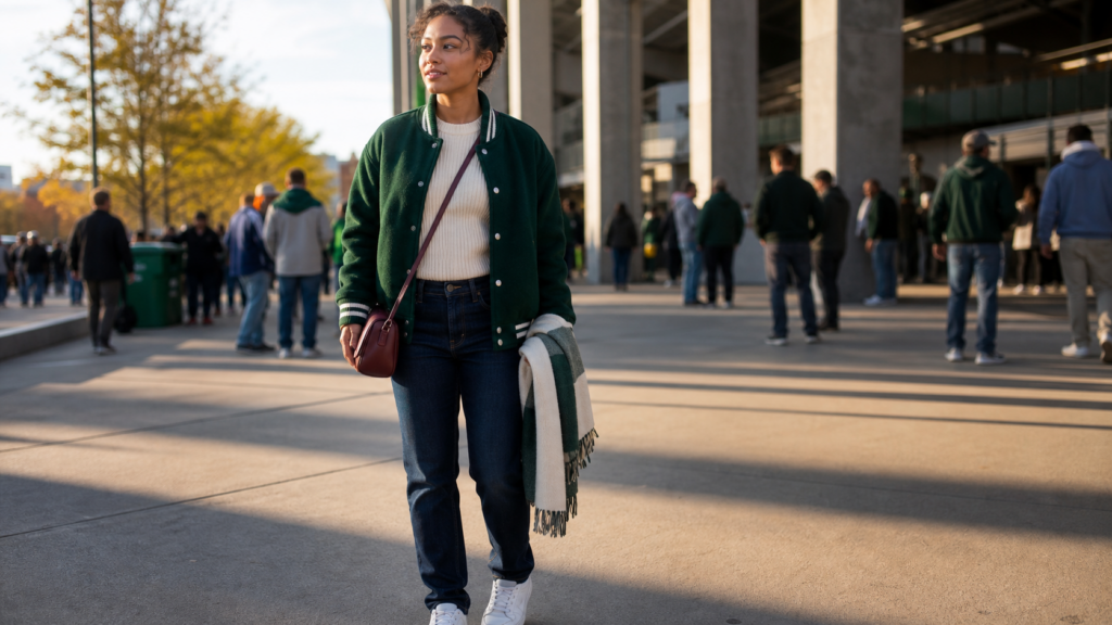 Woman in a green varsity jacket, cream knit, jeans and sneakers outside a football stadium.