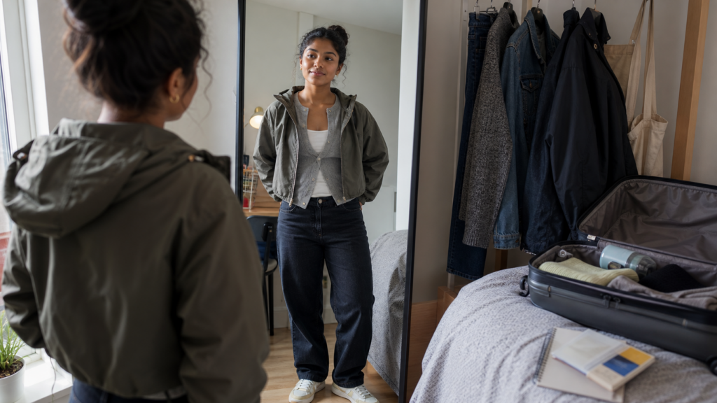 Young adult student checking a layered freshers week outfit in a dorm room mirror