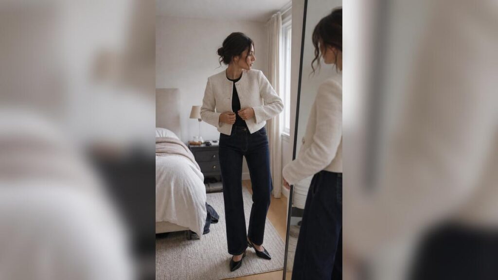 Woman wearing an ivory bouclé blazer with dark jeans and black slingback flats in a bedroom mirror.