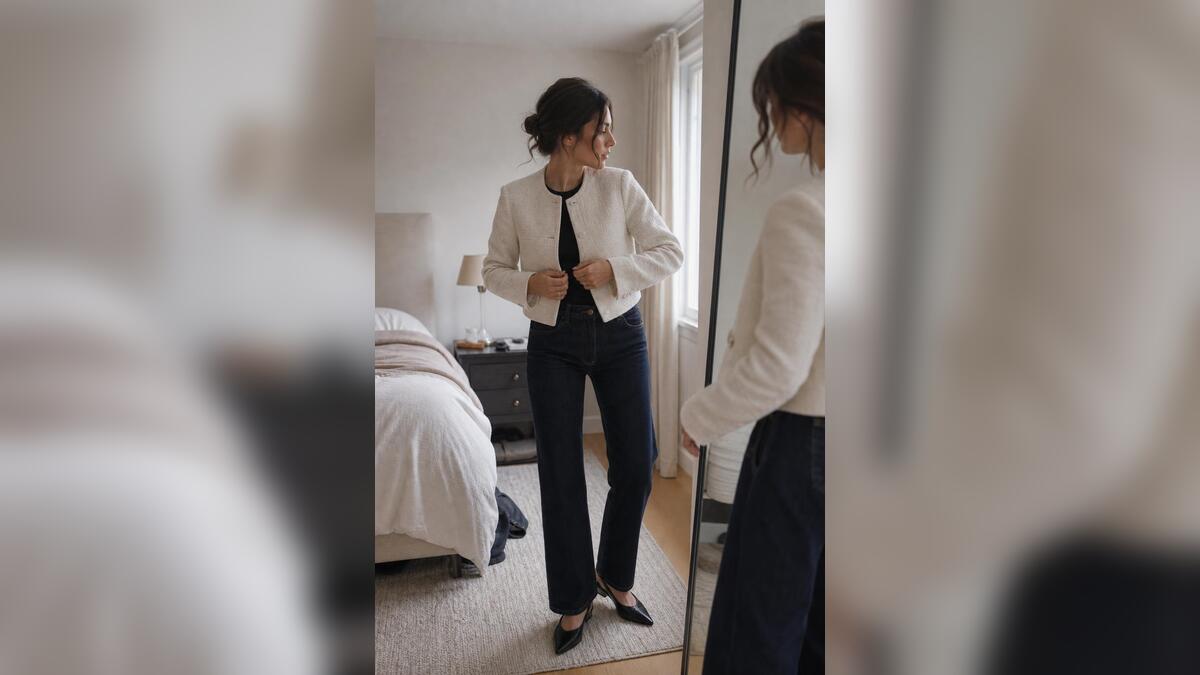 Woman wearing an ivory bouclé blazer with dark jeans and black slingback flats in a bedroom mirror.