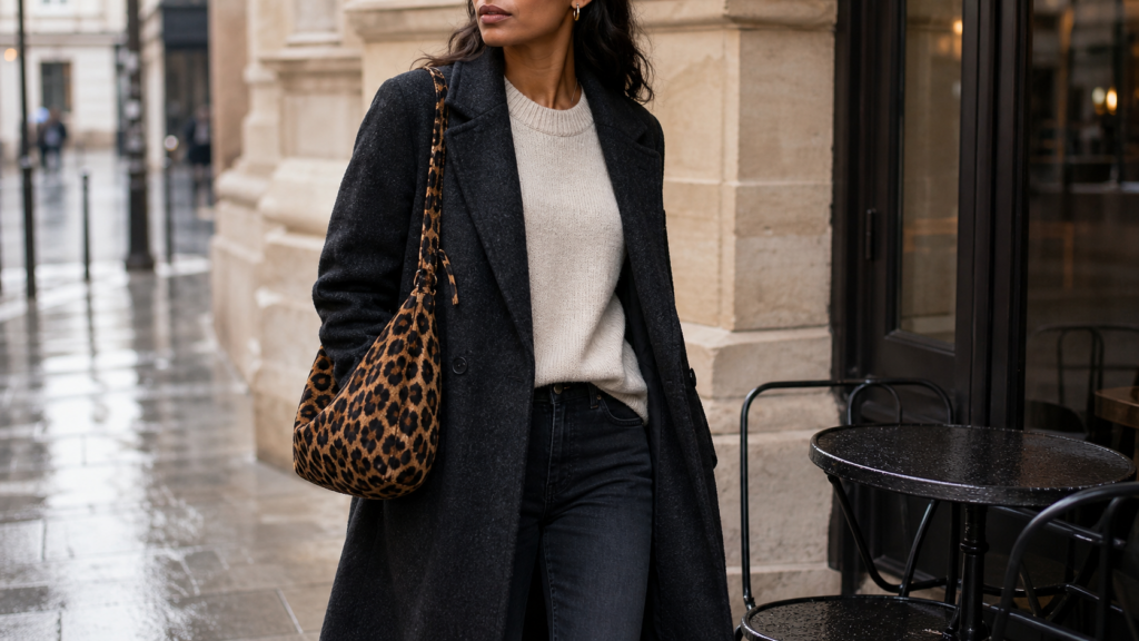 Woman wearing a leopard print shoulder bag with a charcoal coat on a rainy fall street.