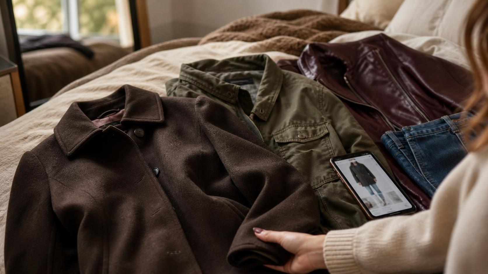 Fall coats laid beside a phone preview for AI clothes try on.
