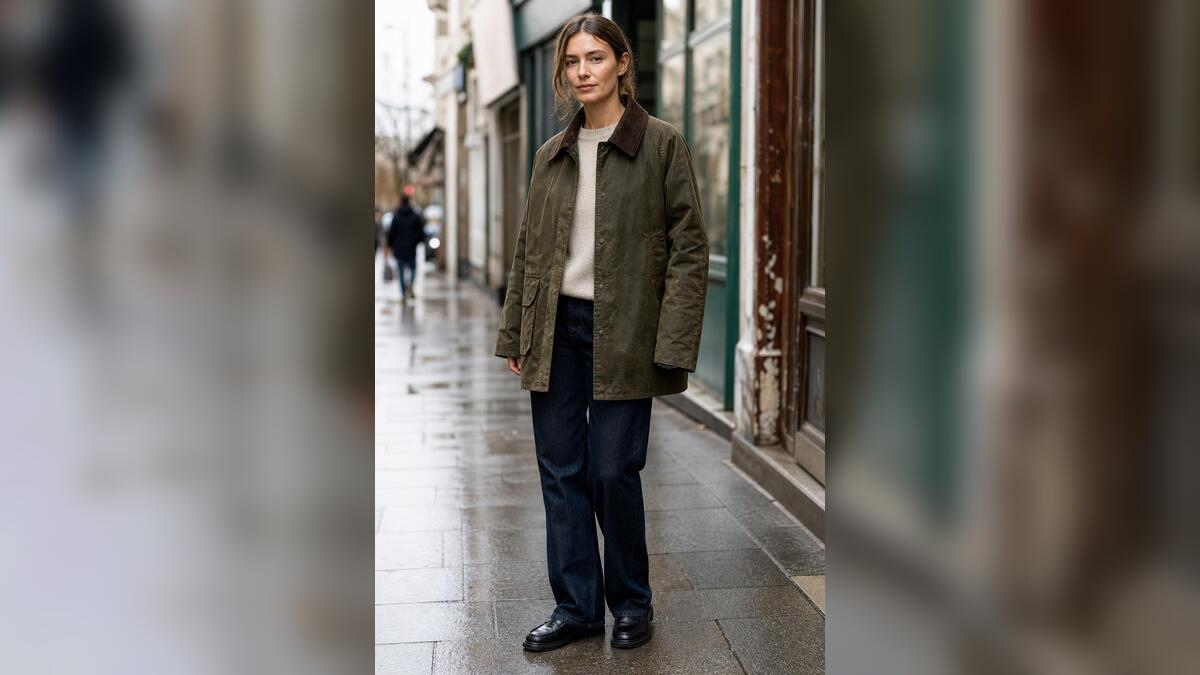 A woman wearing a khaki barn jacket with dark denim and loafers on a damp city street.