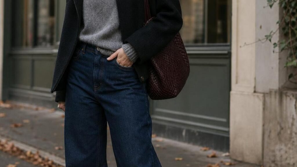 Fall outfit with dark barrel leg jeans, grey knit and burgundy flats on a city pavement.