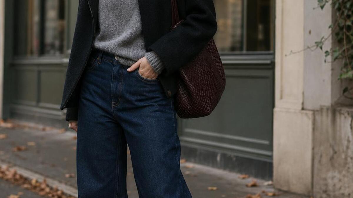 Fall outfit with dark barrel leg jeans, grey knit and burgundy flats on a city pavement.