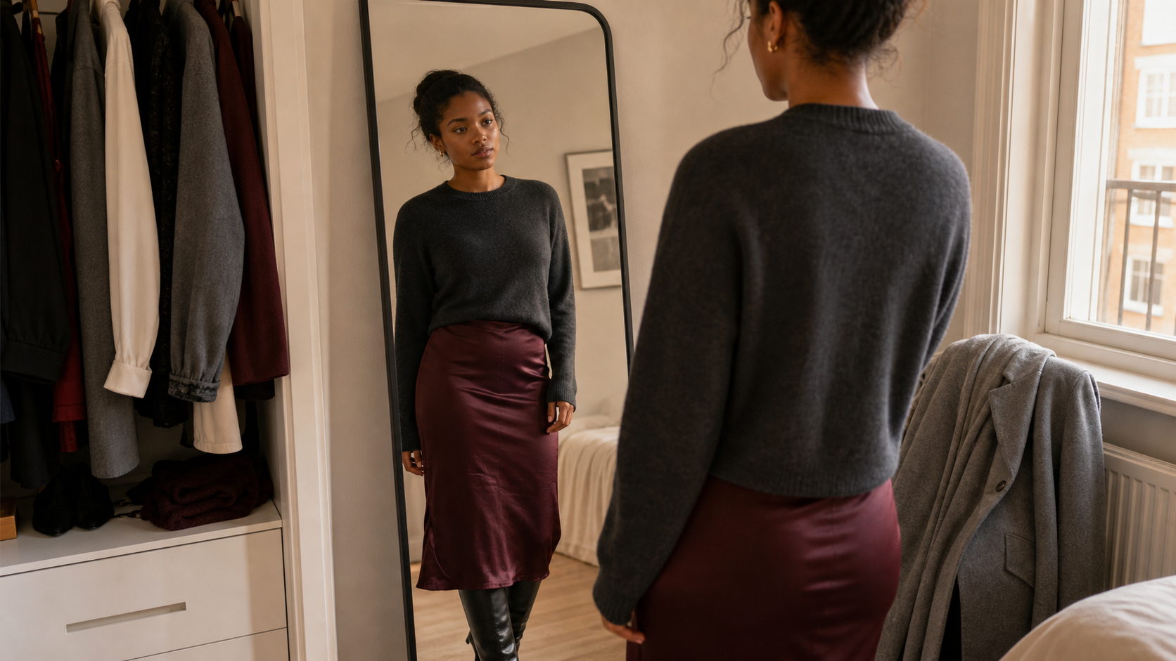 Woman wearing a burgundy satin skirt and charcoal knit beside a bedroom mirror.