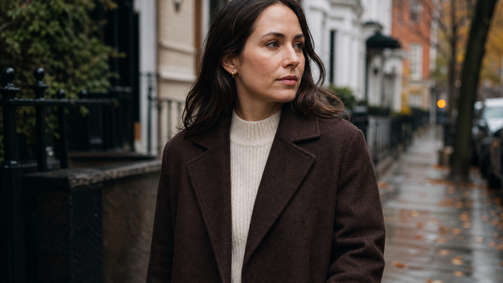 Woman wearing a chocolate brown coat with cream knit on a damp fall city street.