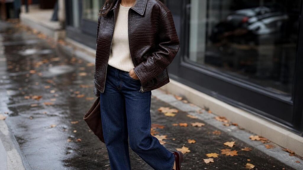 Adult shopper wearing a dark chocolate croc embossed jacket with jeans and a cream knit on a wet fall street.