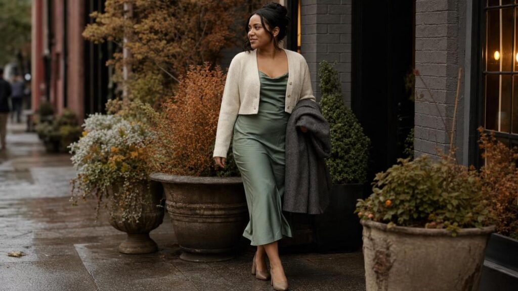 Adult woman in a sage satin midi dress and cream cardigan outside an autumn bridal shower venue.