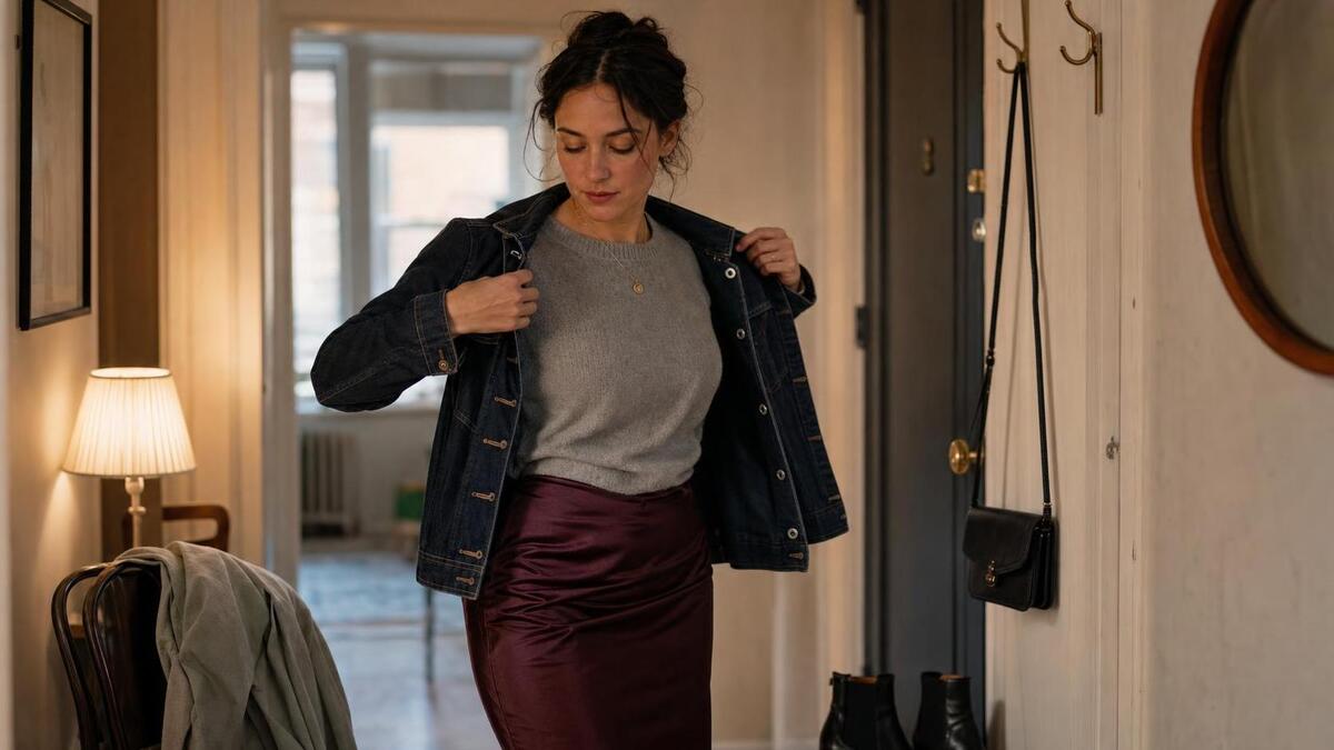 Woman getting ready in a denim jacket and satin skirt for a fall concert.