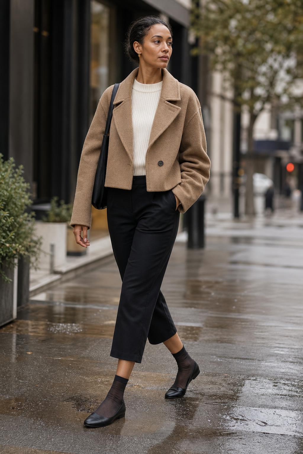 Adult wearing black naked jazz shoes with sheer socks and a camel coat on a damp fall city street.