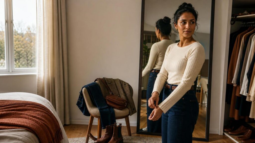 Woman getting ready in a cream knit and dark denim for an Oktoberfest outfit.