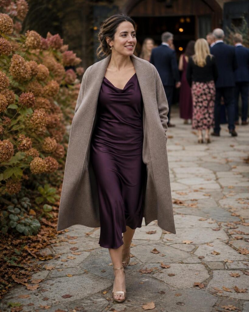 A woman in a plum satin dress and taupe coat at an outdoor fall wedding venue.