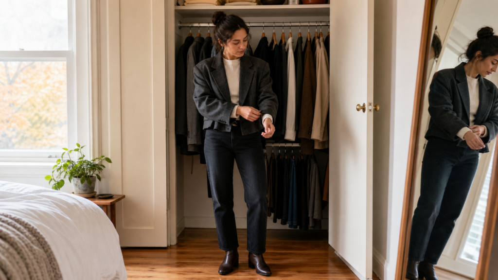 A petite woman adjusting an oversized charcoal blazer in front of an open wardrobe.