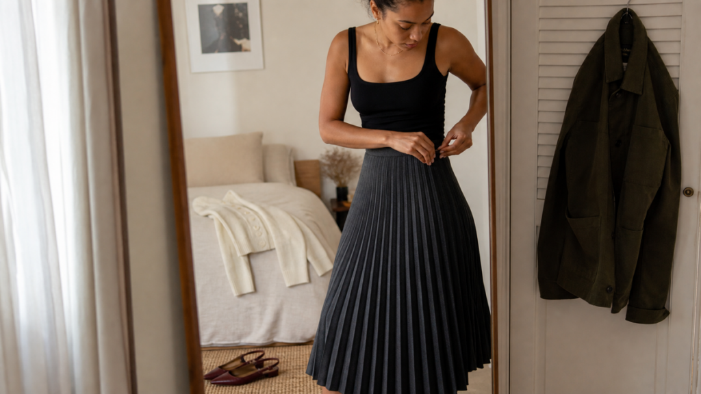 Adult woman styling a charcoal pleated midi skirt with fall layers beside a bedroom mirror.