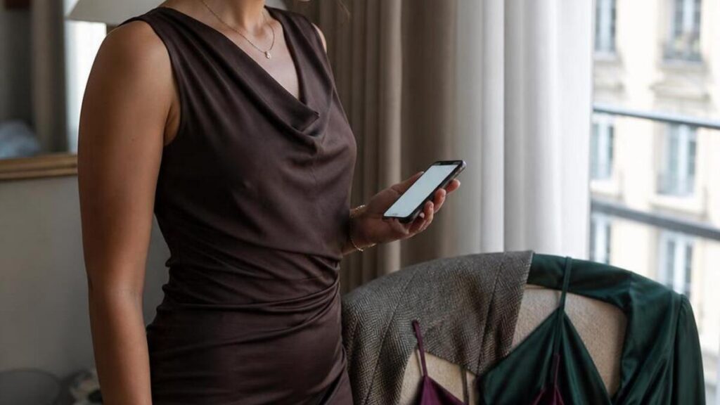 Wedding guest comparing two fall dresses with a phone by a hotel window.