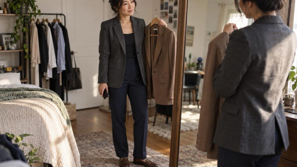 Adult woman comparing tailored career fair outfits beside a home mirror