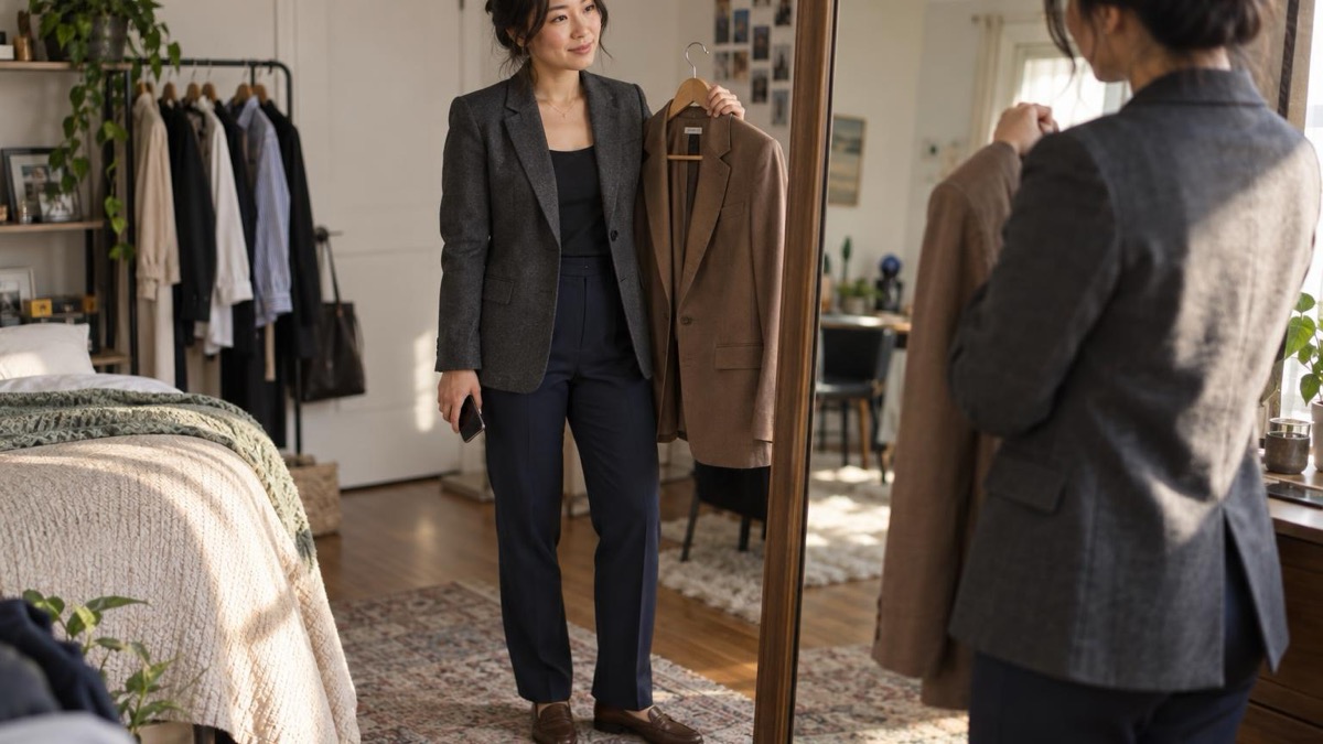 Adult woman comparing tailored career fair outfits beside a home mirror