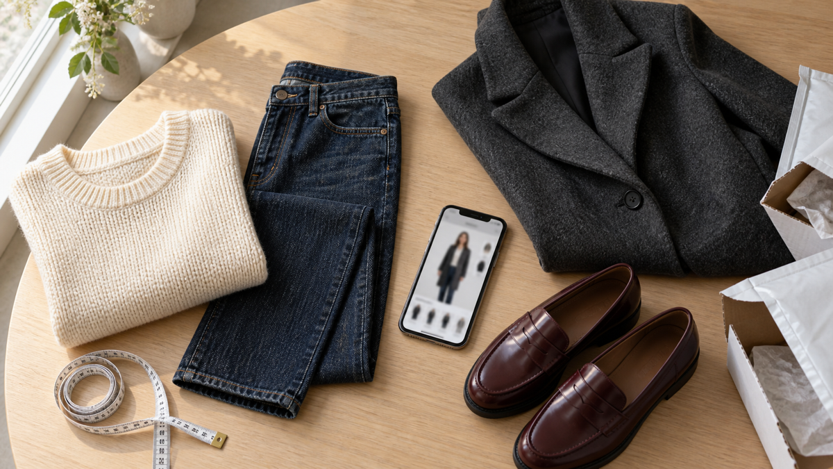 Flat lay of clothes, shoes, return mailers and a phone preview for online shopping decisions