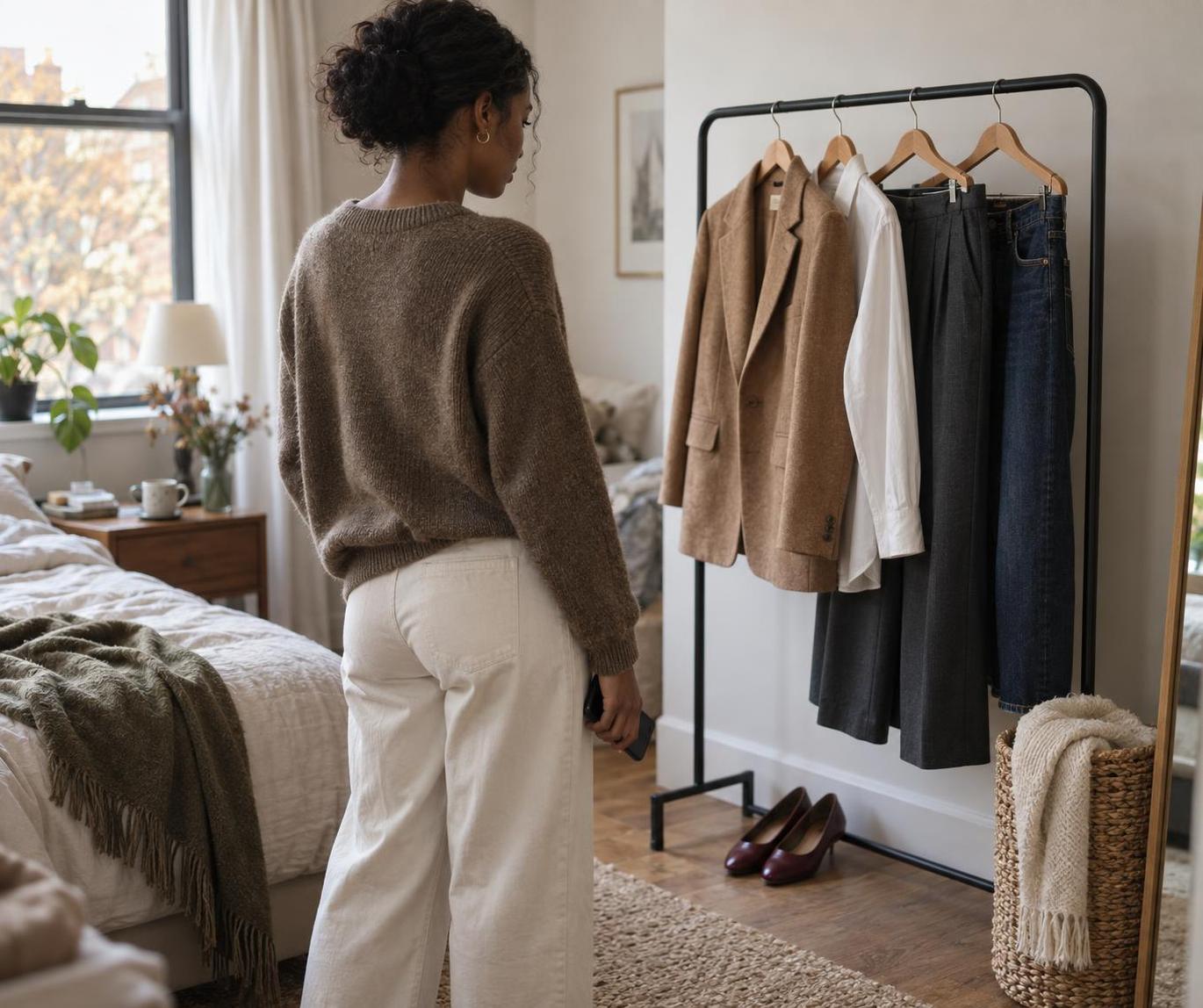 A woman choosing capsule wardrobe pieces beside a clothes rail while using virtual try-on.