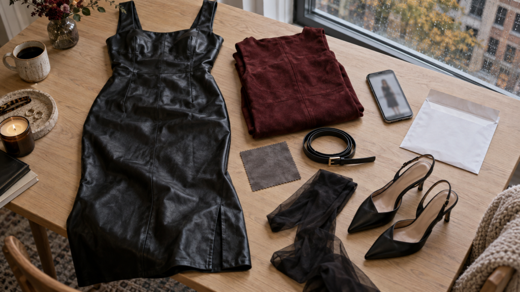 Flat lay of leather dresses, tights, shoes and a phone preview for online dress shopping.