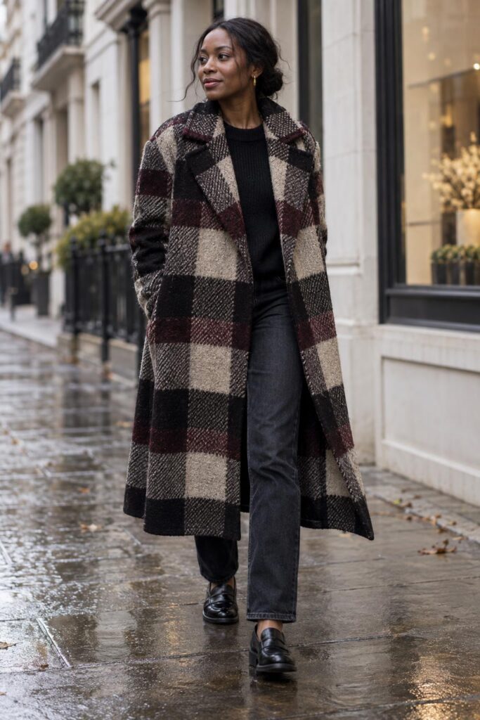 Woman wearing a bold checked wool coat with dark jeans in London