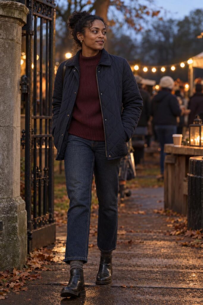 Layered Bonfire Night outfit with knitwear, waterproof outerwear and ankle boots