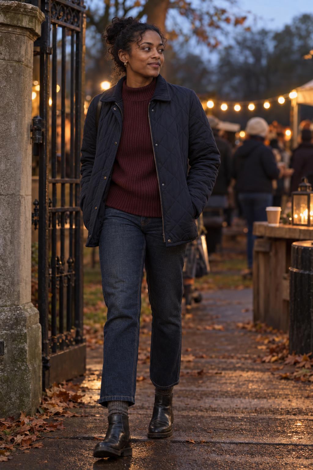 Layered Bonfire Night outfit with knitwear, waterproof outerwear and ankle boots
