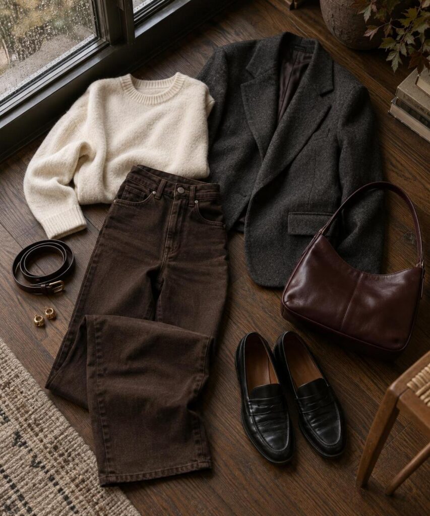 Brown jeans styled with a cream knit and charcoal blazer