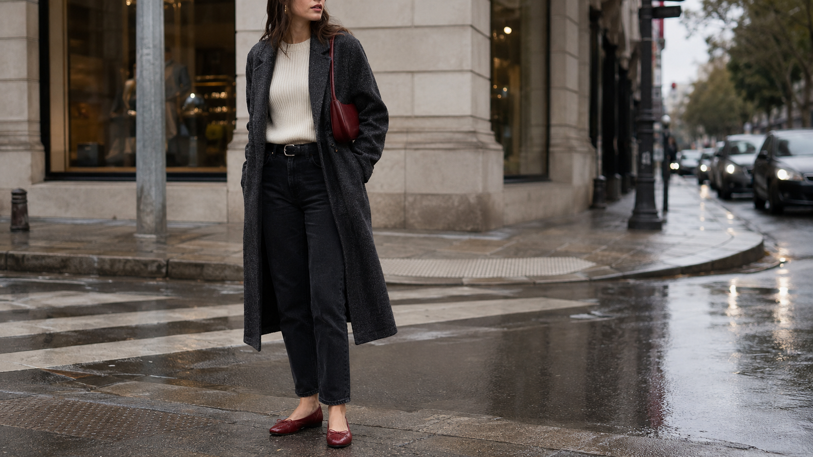 Woman wearing cherry red flats and a small red bag with a charcoal fall coat on a rainy city street.