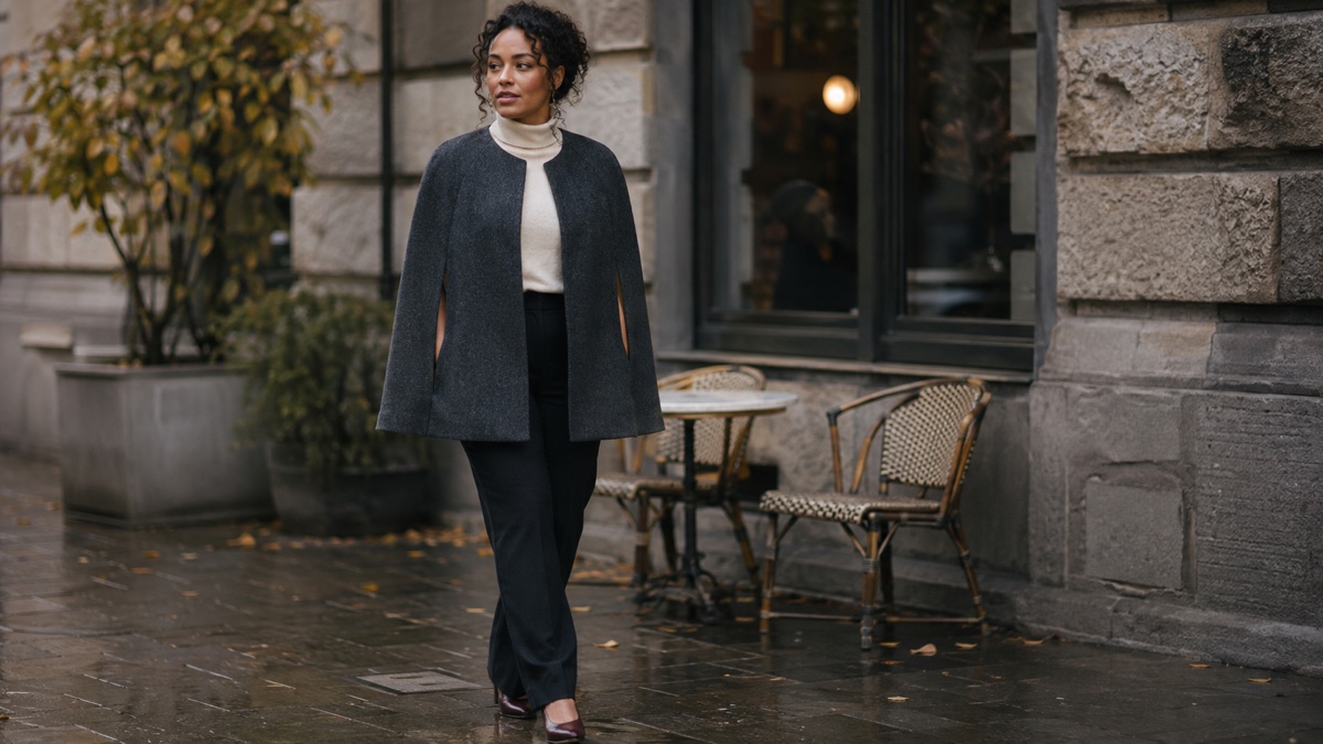 Woman wearing a charcoal cape jacket with slim trousers on a damp autumn city street