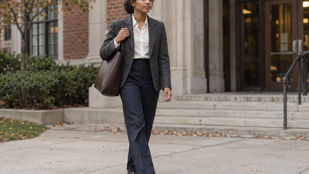 Adult woman in tailored career fair outfit outside a university building