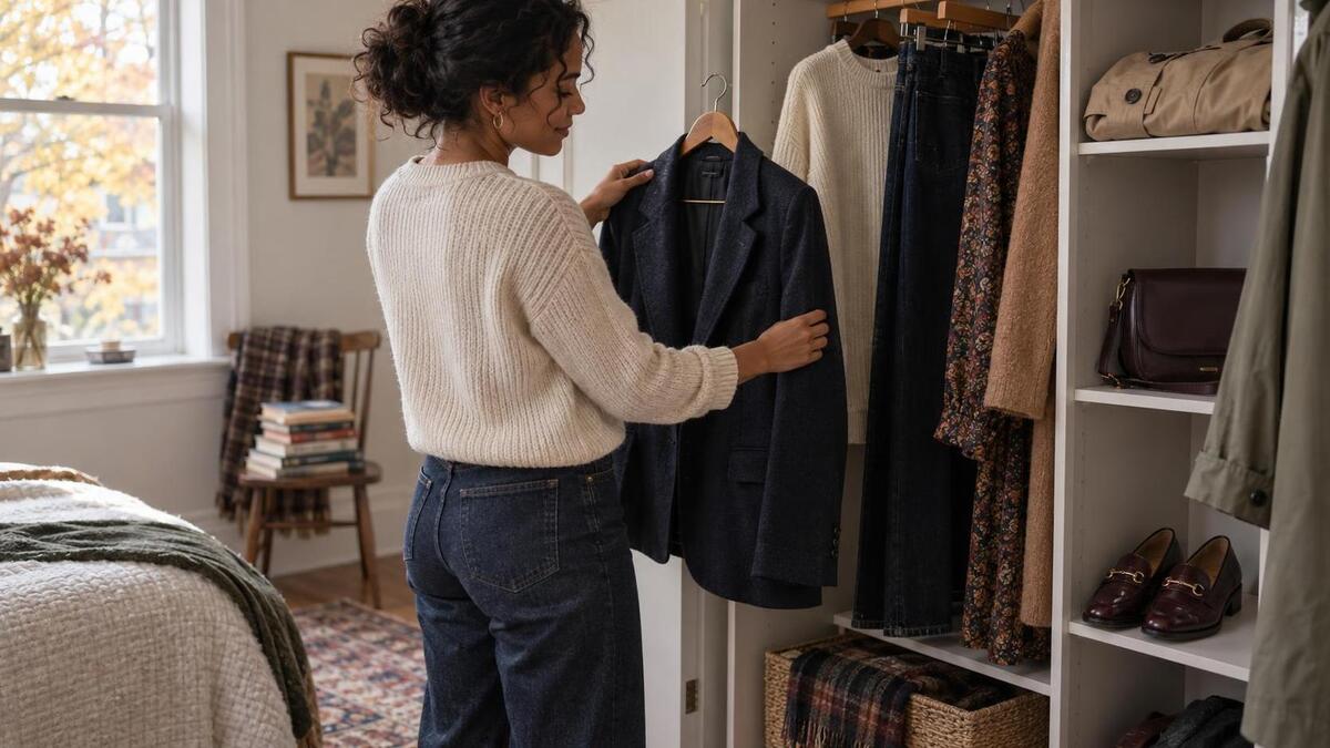 Woman choosing a navy blazer and autumn layers for Cheltenham Literature Festival.