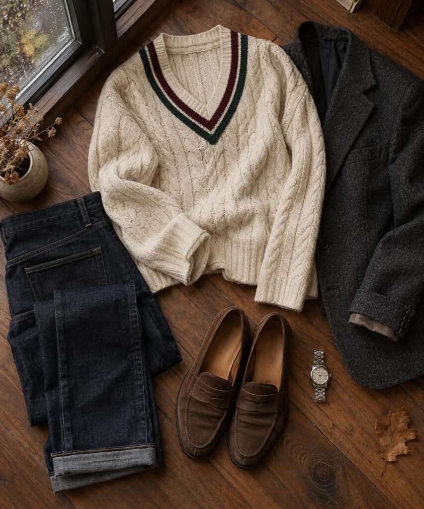 Ivory cricket jumper styled with dark denim, loafers and a charcoal blazer
