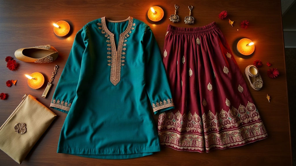 Diwali dinner outfit pieces in teal silk, maroon embroidery and gold accessories