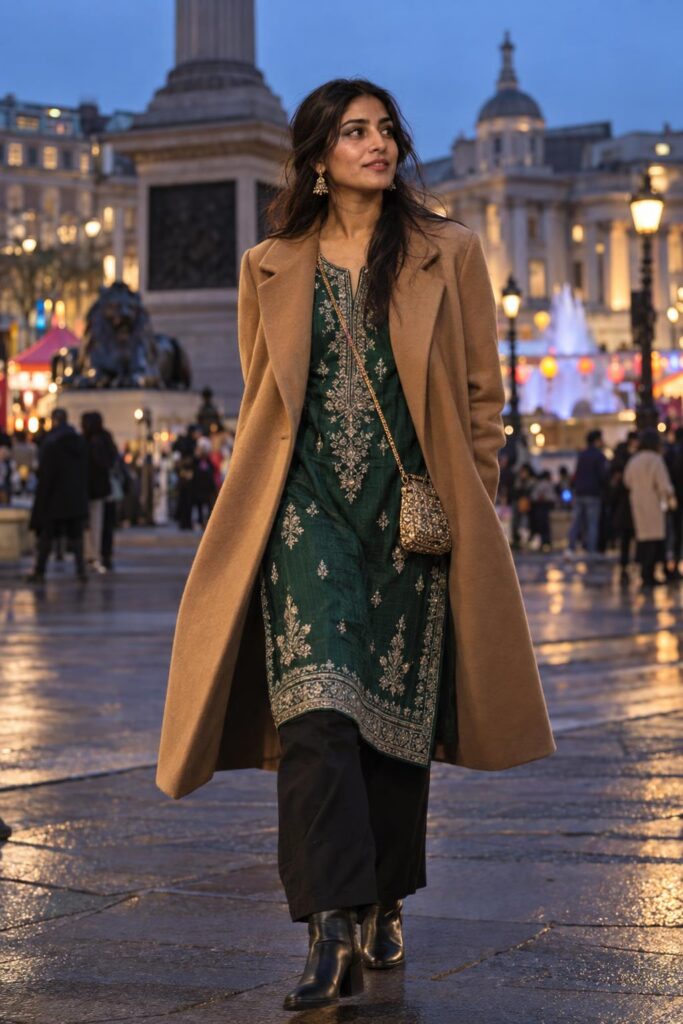 Woman in an emerald kurta and camel coat near Trafalgar Square for Diwali on the Square