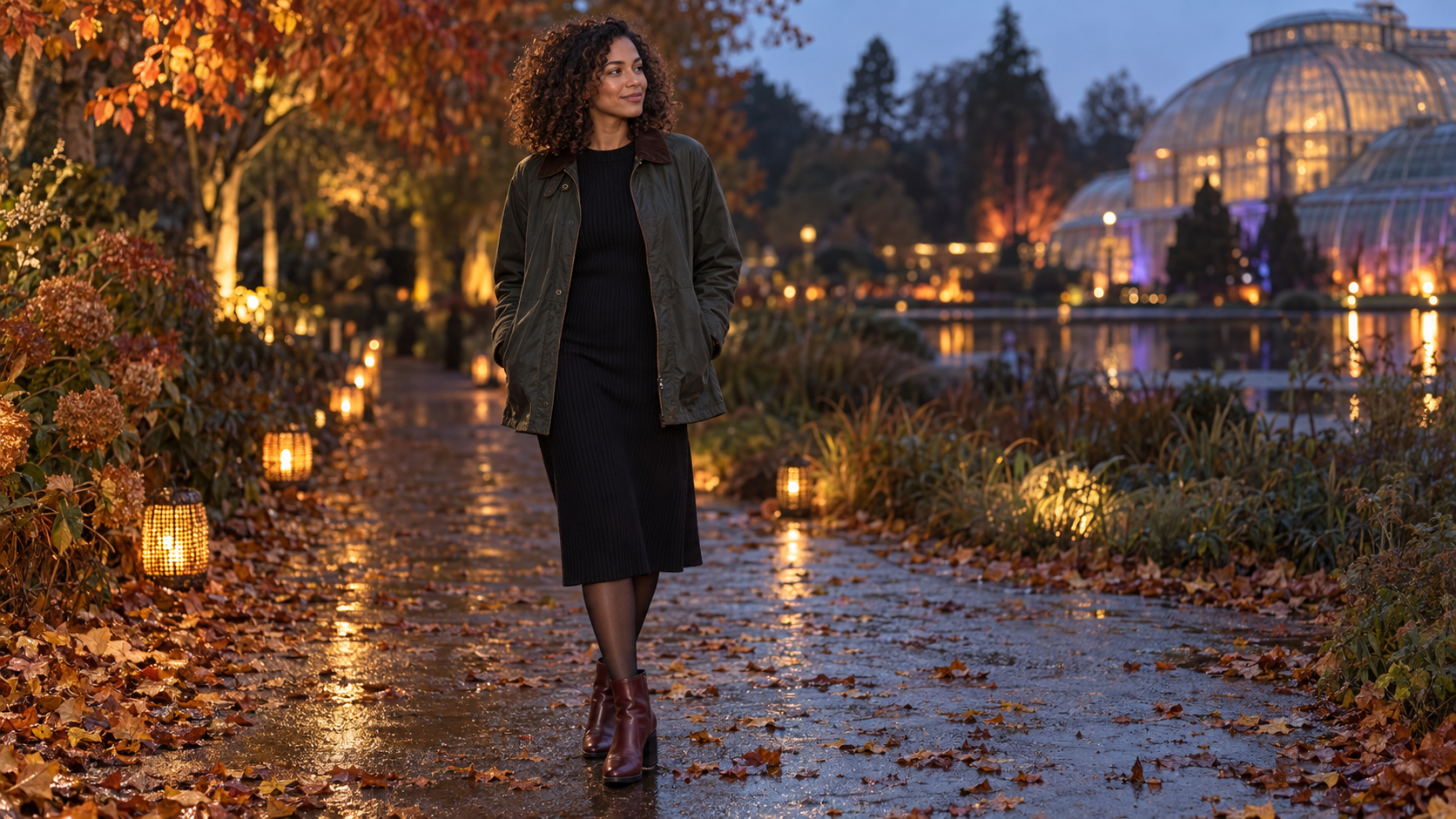 Adult woman in a dark green jacket and black dress walking through autumn garden lights for Halloween at Kew.