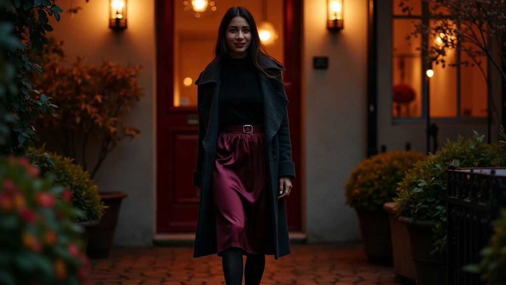 Adult woman in an elegant dark outfit arriving for a Halloween dinner party