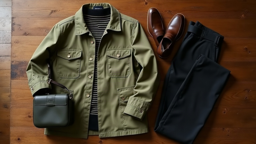 Khaki utility jacket and autumn accessories arranged on a wooden table
