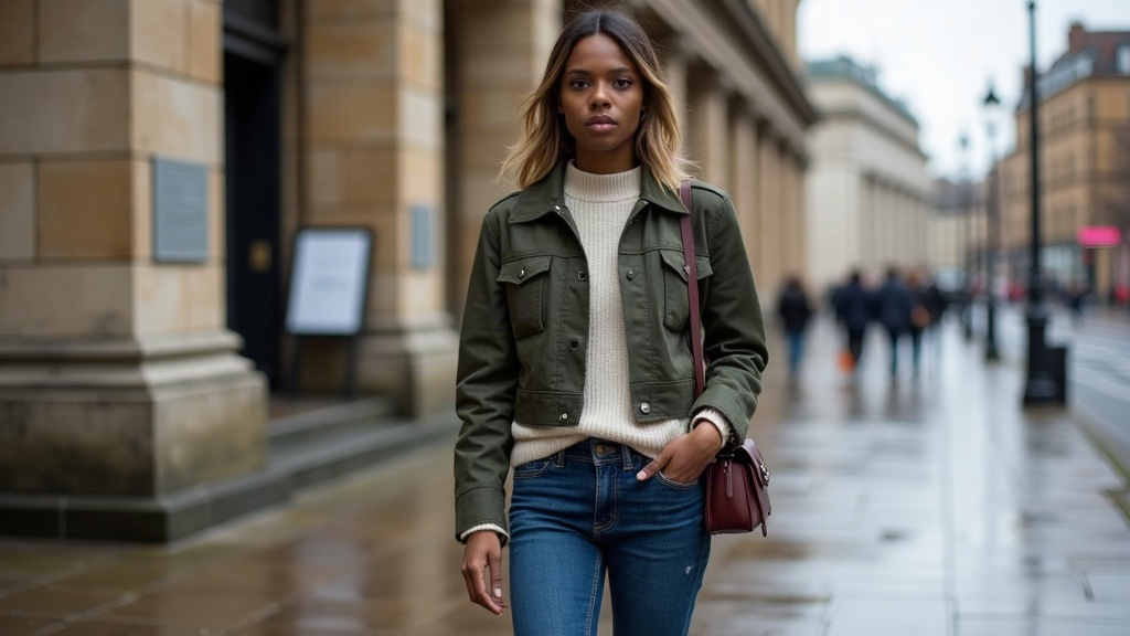 Adult woman in an olive jacket and loafers outside a London art gallery in October