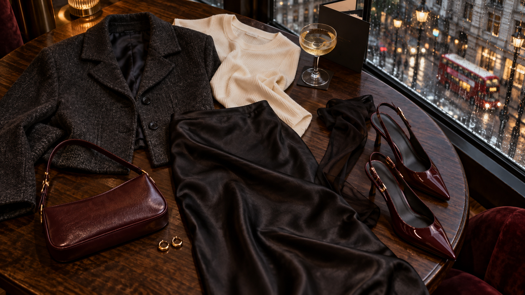Cocktail week outfit flat lay with satin skirt, knit top, jacket, slingbacks, and bag by a rainy London window.