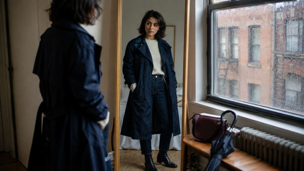 Woman checking a navy trench coat outfit in a mirror on a rainy fall day.