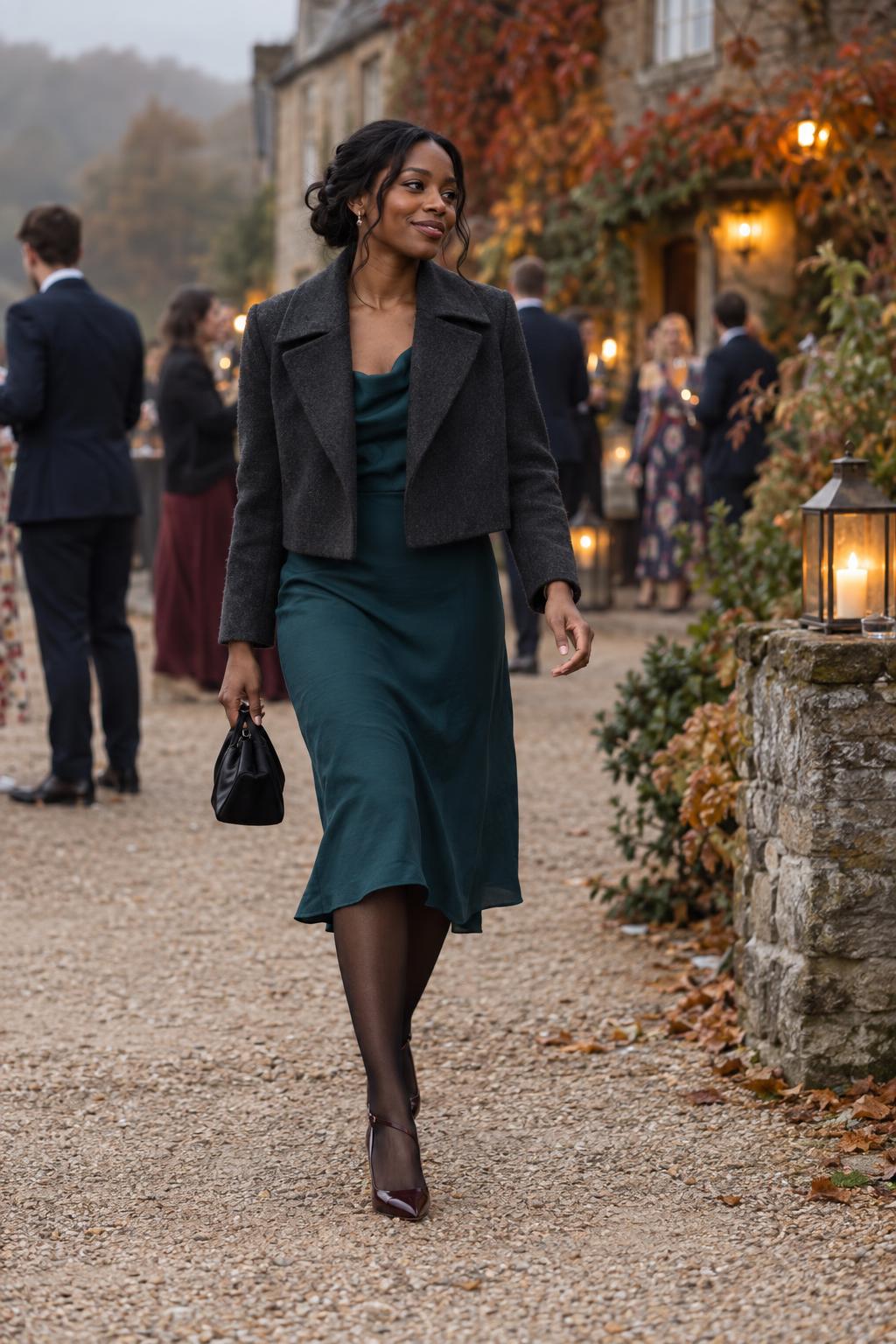 Guest in a teal midi dress and charcoal coat at an October wedding