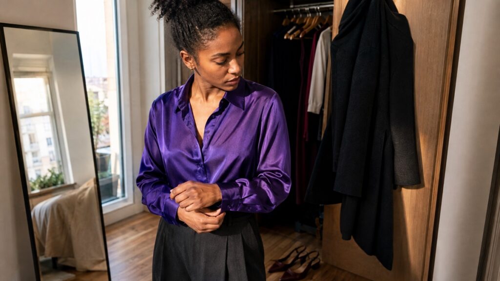 Woman adjusting a royal purple satin blouse with charcoal trousers beside an open wardrobe