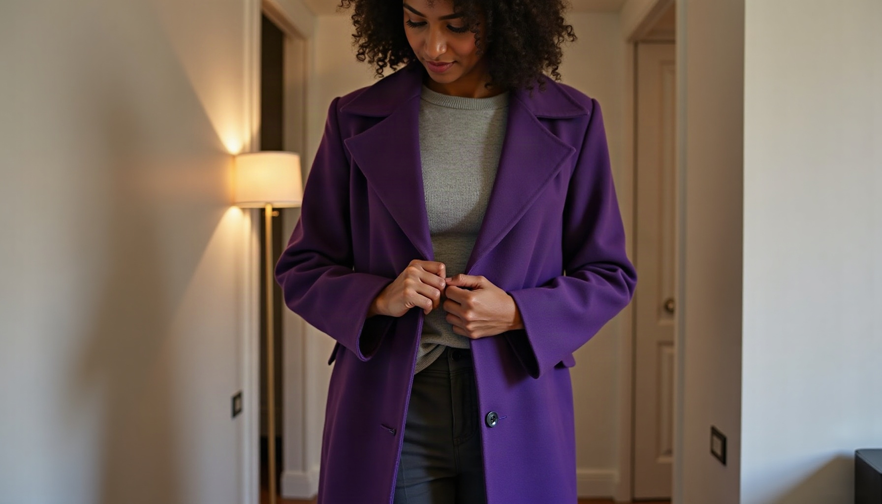 Adult woman wearing a royal purple coat with charcoal trousers in a London hallway