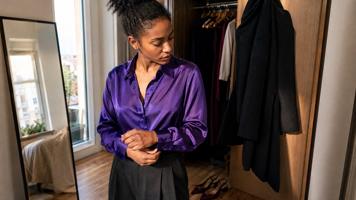 Woman adjusting a royal purple satin blouse with charcoal trousers beside an open wardrobe